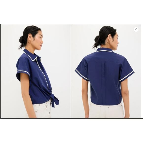 EUC Tuckernuck Navy‎ Blue White Trimmed Connor Blouse Size Medium - Picture 3 of 11